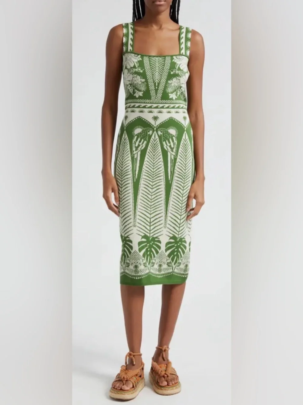 Farm Rio Macaw Jacquard Sweater Dress Fitted Square Neck Resort Vacation Large - Picture 5 of 12